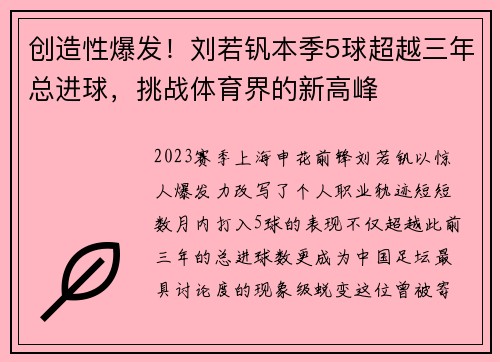 创造性爆发！刘若钒本季5球超越三年总进球，挑战体育界的新高峰